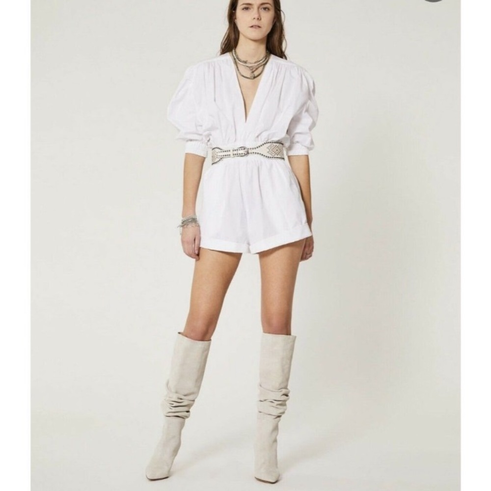 IRO White Lineasa Deep V Neck Half Puff Sleeve Cotton Romper